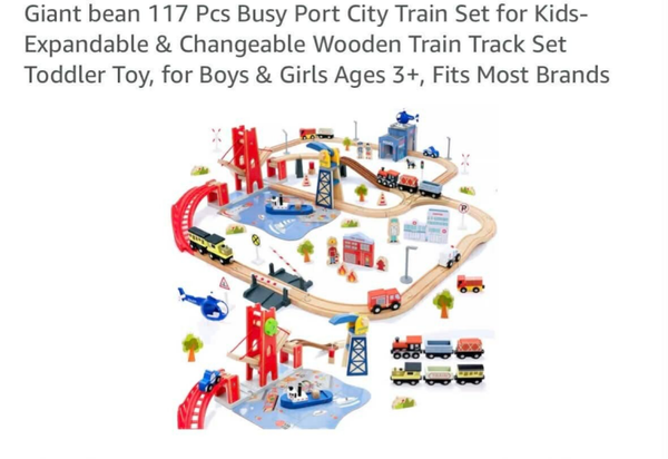 Giant Bean 117pc busy port city train set, expandable and changeable wooden tracks, 3+