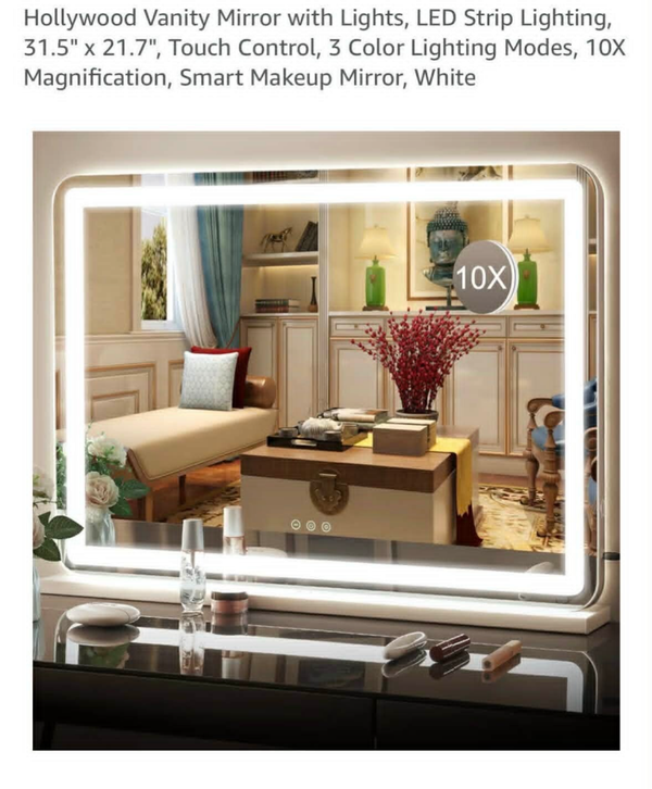 Hollywood vanity mirror with lights, LED strip lighting, touch control, 3 colour modes, 31.5x21.7''