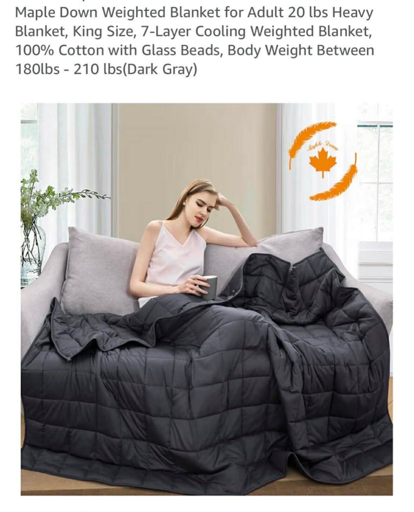 Maple Down weighted blanket, 20lbs, King size, 7 layer cooling, 100% cotton with glass beads, 180-210lbs, dk grey