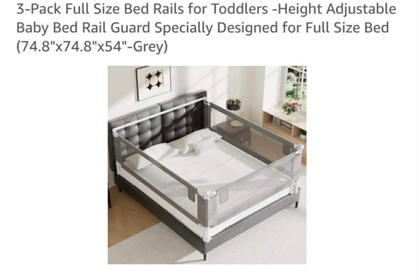 3-pack full size bed rails, height adjustable, 75x75x54'', dk grey