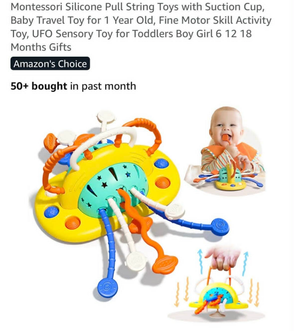 Montessori silicone pull string toy with suction cup, UFO, 6-18mths