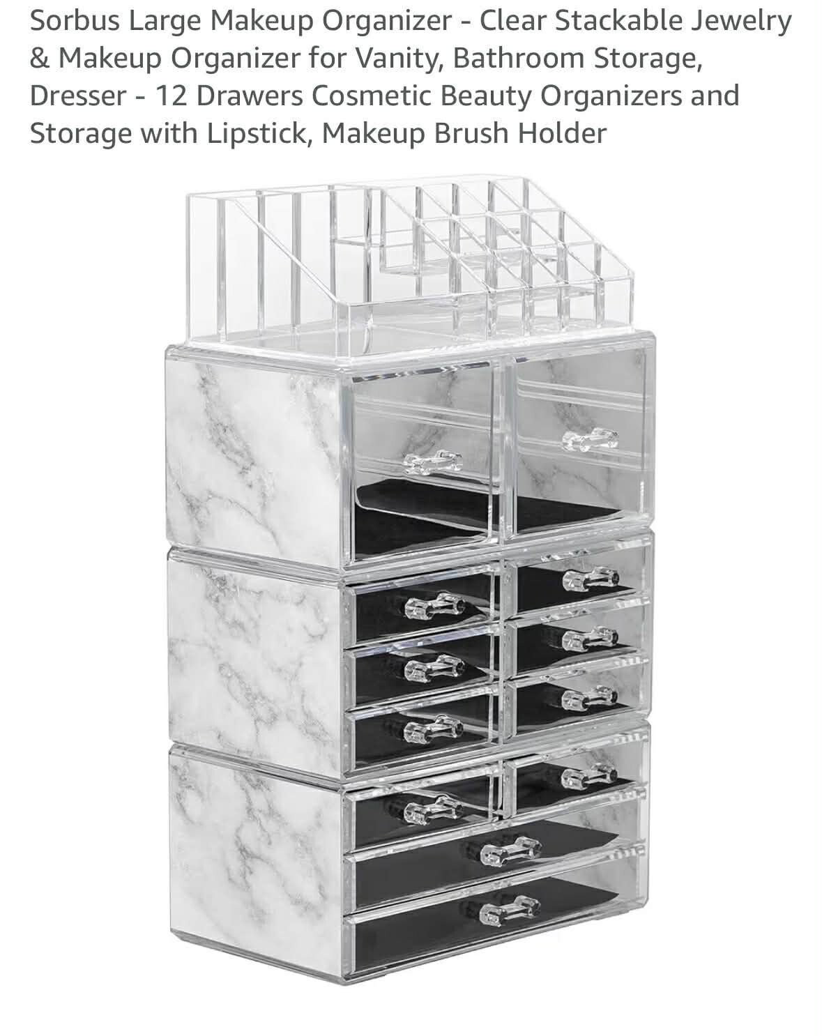 Large makeup organizer, clear, stackable, 12 drawers, brush holder, marble sides