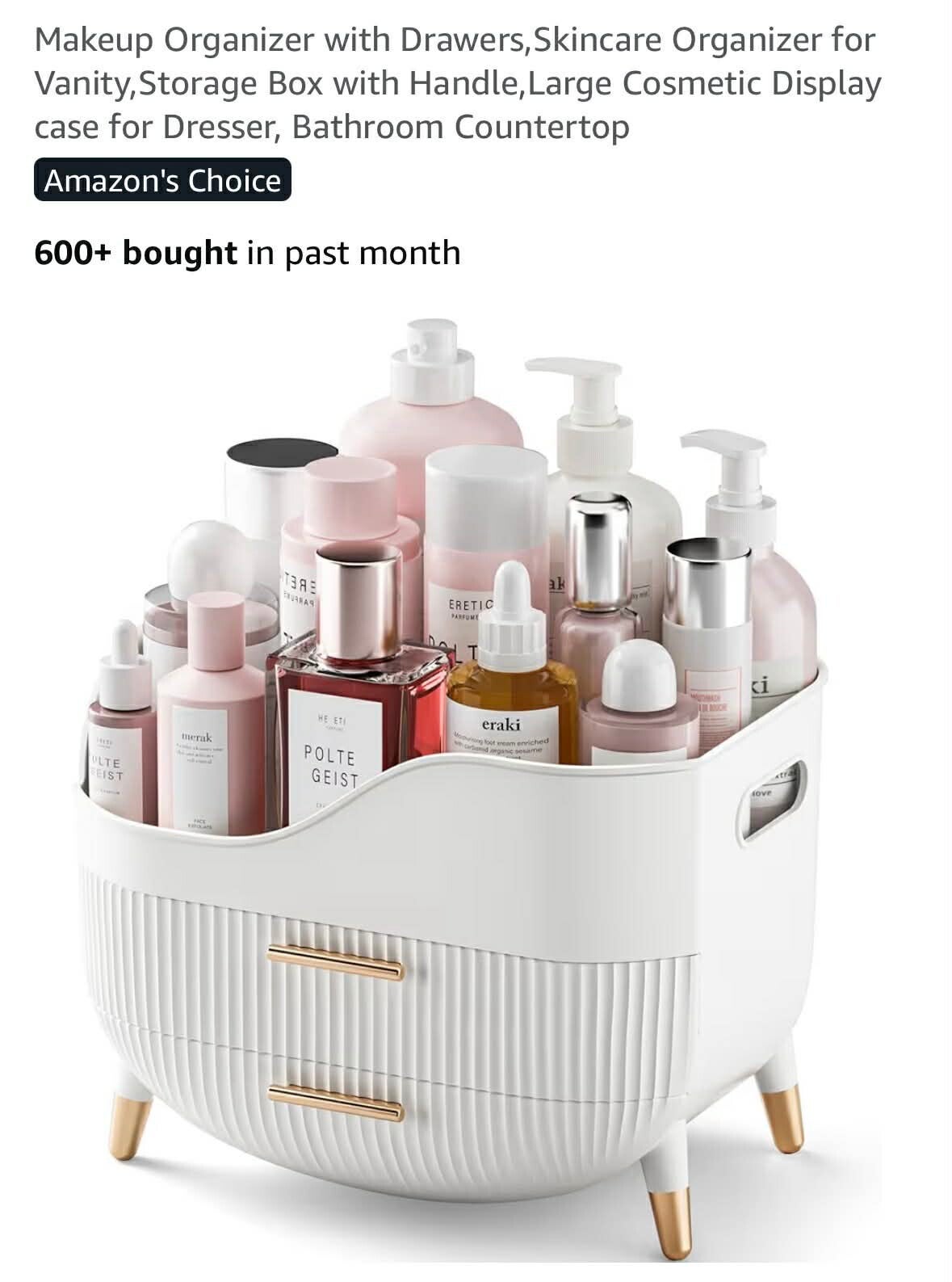 Makeup organizer with 2 drawers and open top, gold legs and drawer pulls