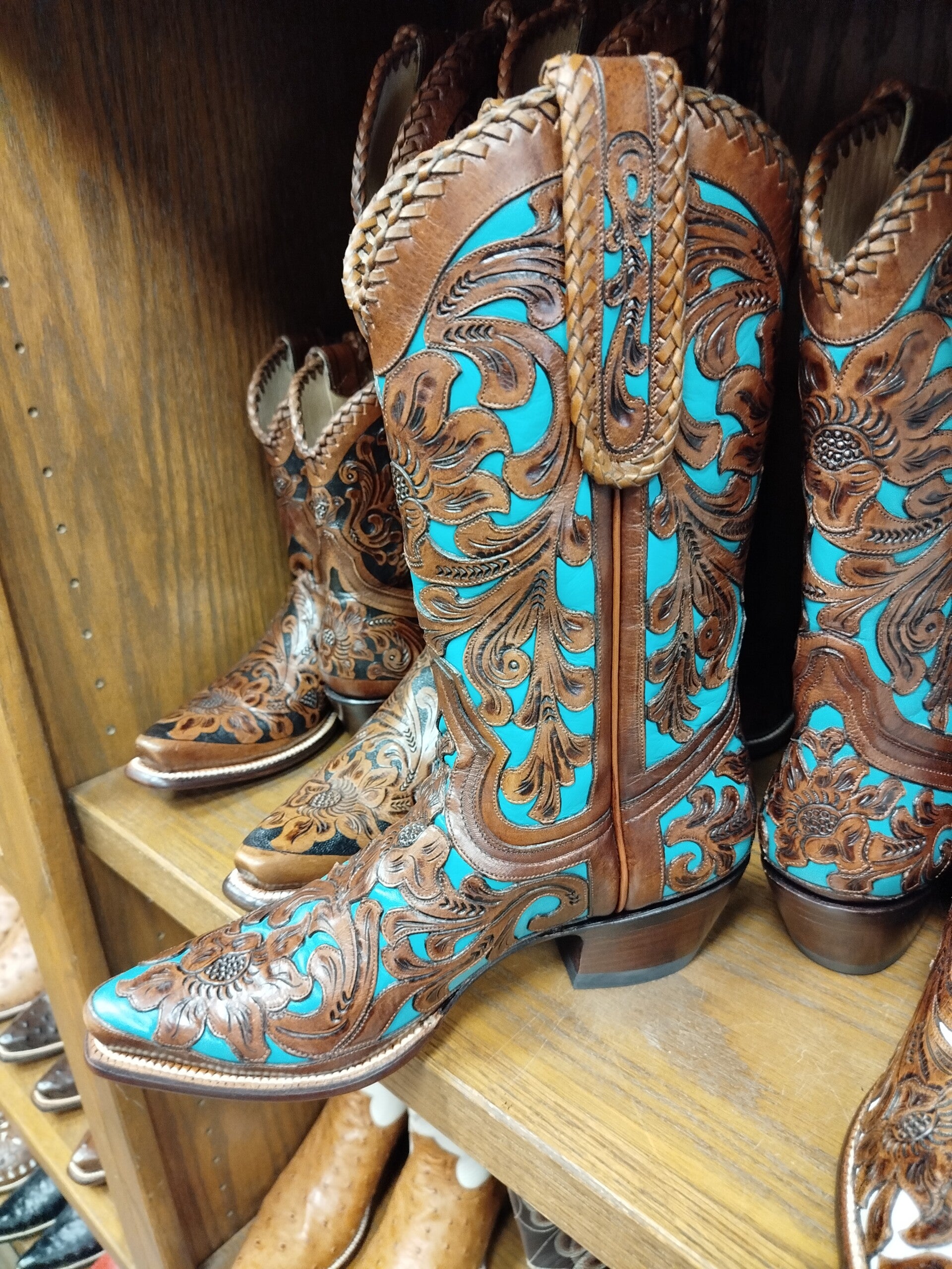 beautifully handcrafted cowboy leather boots in shop at Stockyards Dallas Texas