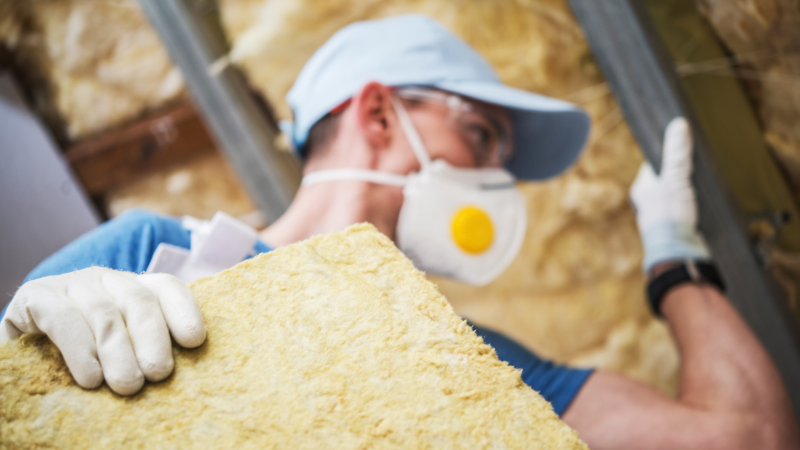 Een man die isolatie aanbrengt tegen het plafond van een woning.