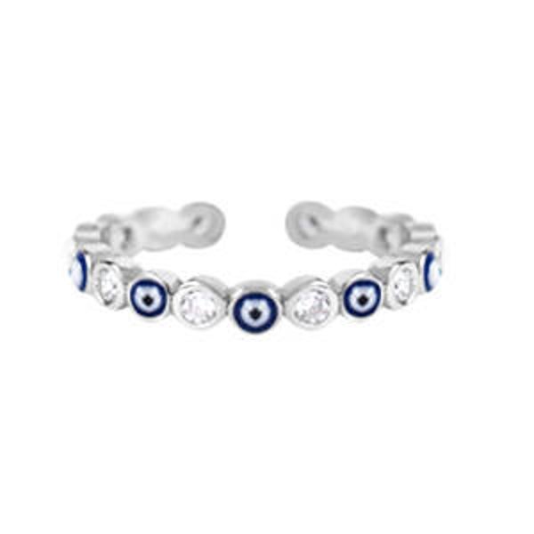 Boze ogen ring blauw tint in zilverkleur