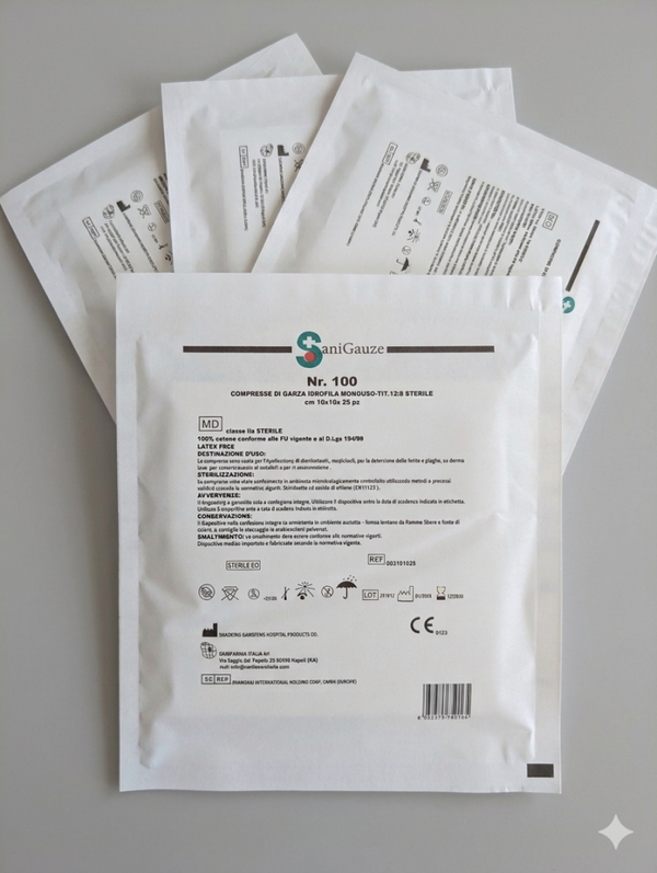 COMPRESSE DI GARZA IN COTONE STERILI 10X10 (BLISTER DA 25 COMPRESSE)
