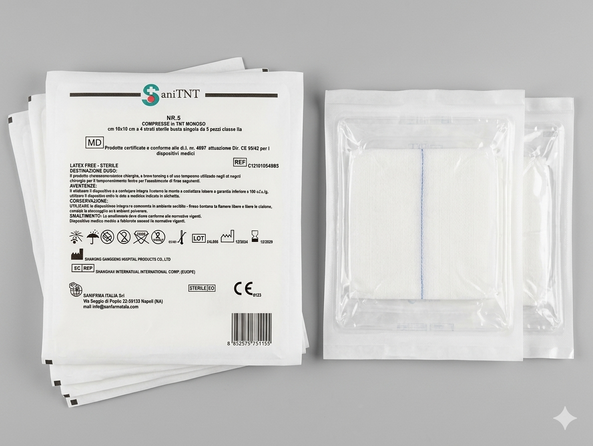 COMPRESSE DI GARZA STERILI IN TNT 10X10 CON BARIO (BLISTER DA 5 PEZZI)