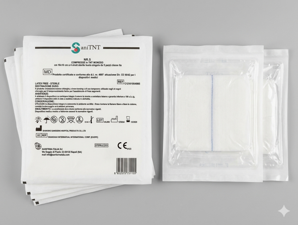 COMPRESSE DI GARZA STERILI IN TNT 10X10 CON BARIO (BLISTER DA 5 PEZZI)