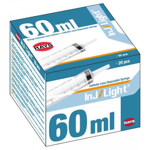 Siringhe 60ml Cono Catetere 20 Pezzi InJ Light RAYS Senza Ago Sterili