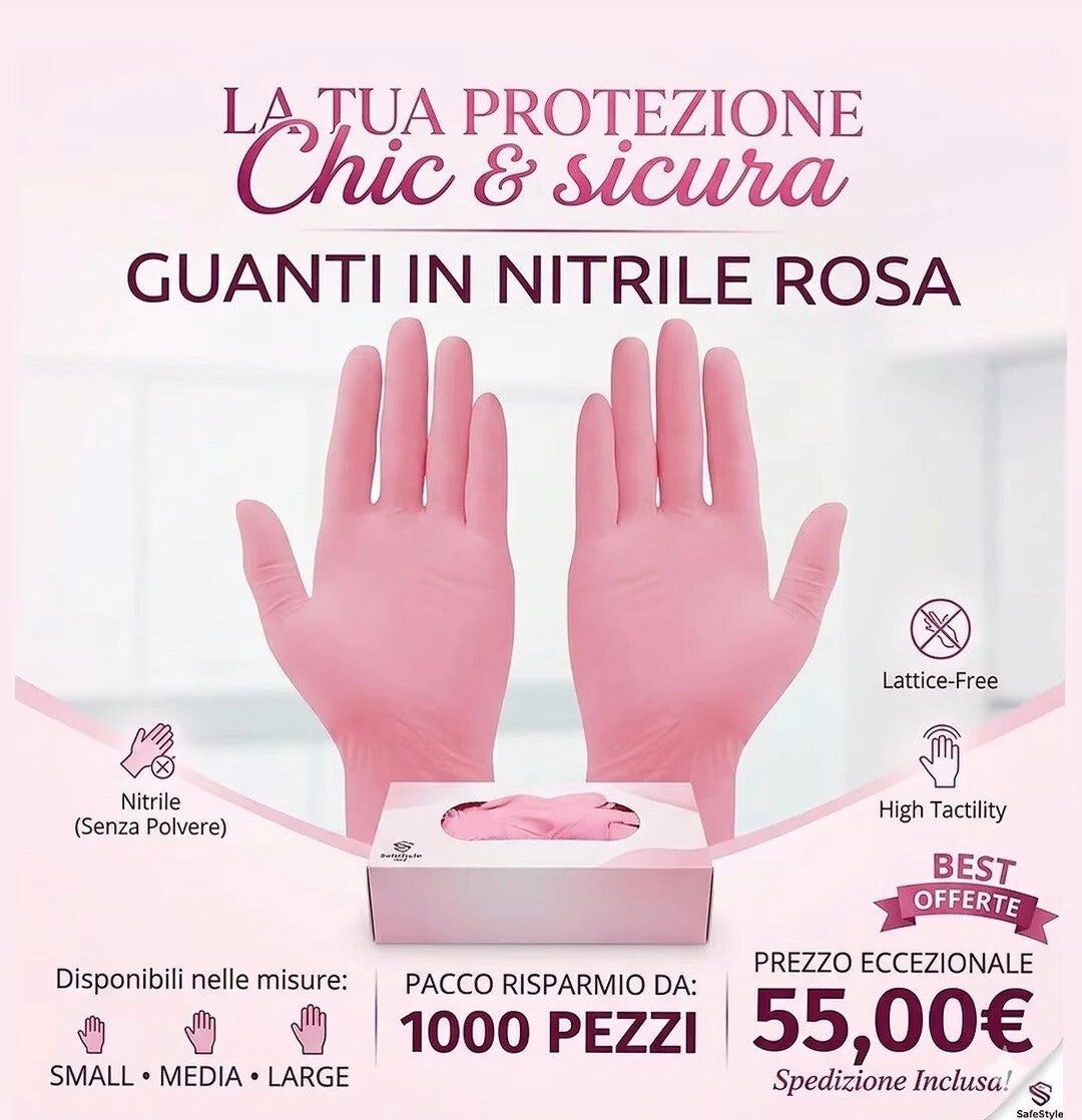 GUANTI IN NITRILE ROSA -SENZA POLVERE- MISURA MEDIA (PACCO DA 1000 PEZZI)