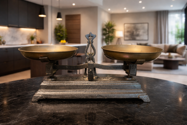 Antieke Franse gietijzeren balansweegschaal met messing schalen