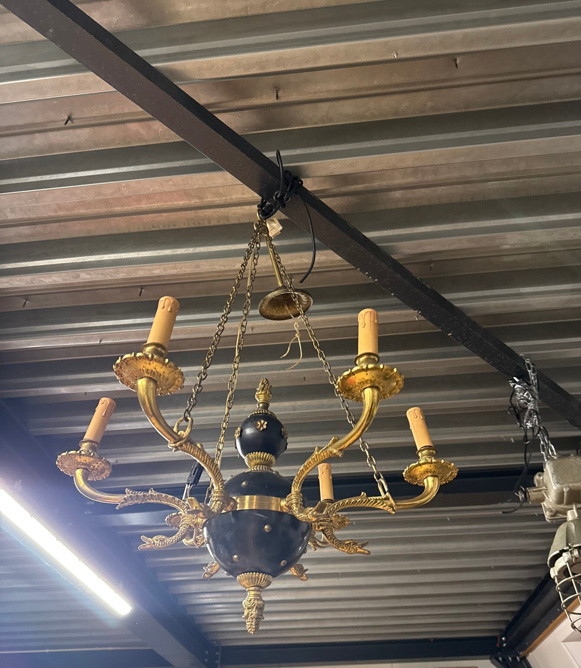 Franse Antiek Empire Kroonluchter Groen Tole Messing 6-arms