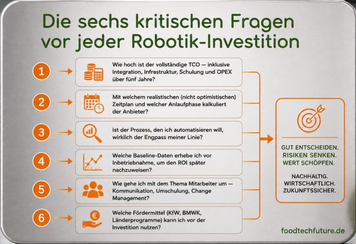 Kritische Fragen vor einer Investition Robotik  Pilotprojekt planung Lebensmittelindustrie FoodTechFuture