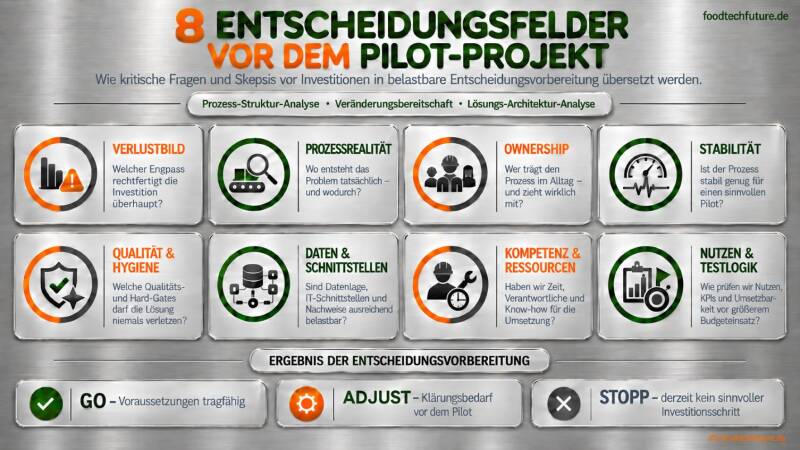Infografik 8 Entscheidungsfelder vor dem Pilot-Projekt | Food:Tech:Future
