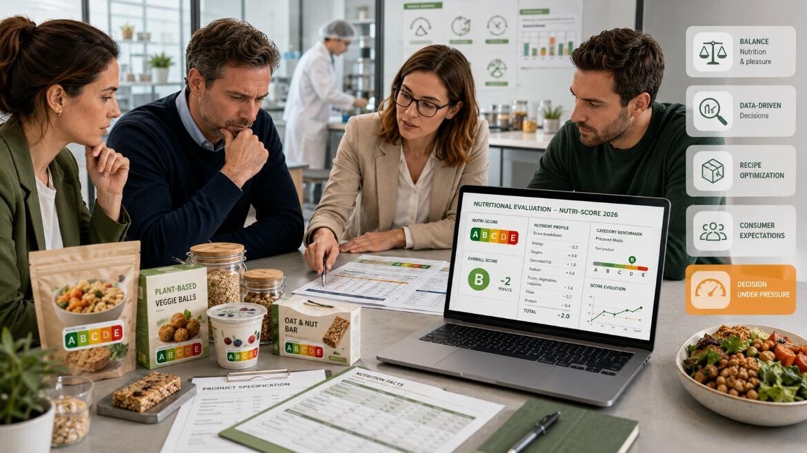 Team in der Lebensmittelindustrie bewertet Produkte und Nährwertdaten zum Nutri-Score 2026