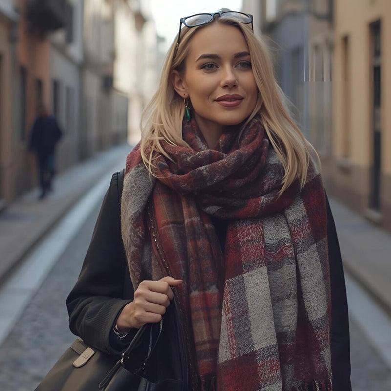 Oversized scarf wrapped as a cozy travel shawl on a cobblestone street