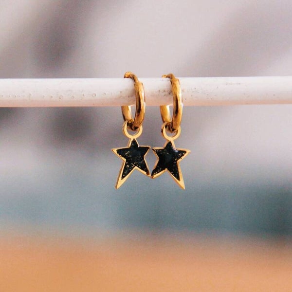 RVS creolen met twinkeling Rockstar – zwart/goud