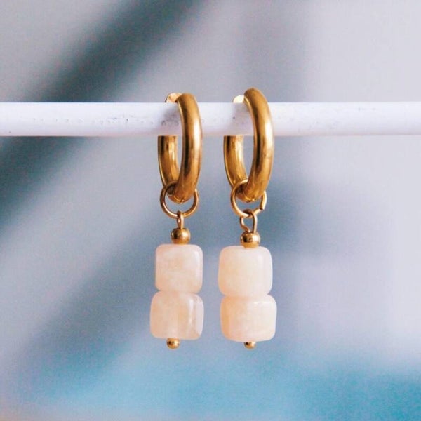 RVS brede creool met edelsteen blokjes – nude/goud