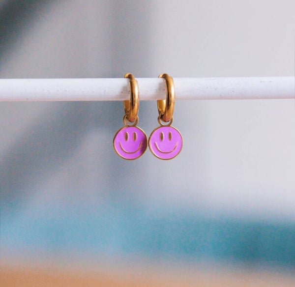 RVS creolen met smiley – Lila