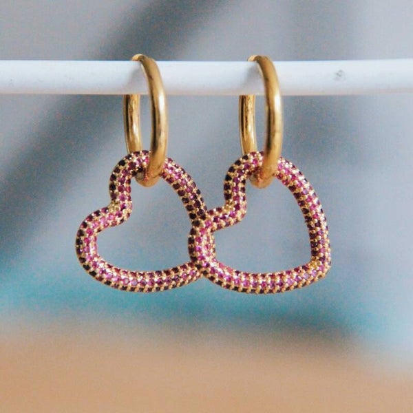 Edelstalen oorbel met ovaal kristallen hart – roze/goud