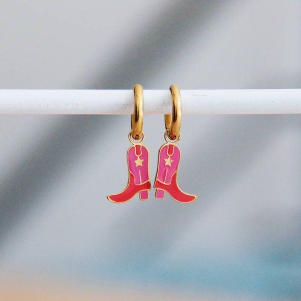 RVS creolen met cowboylaarsjes – rood/roze