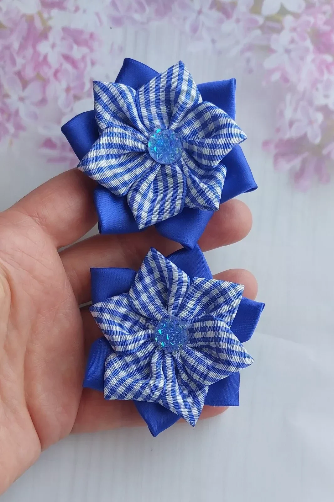 Hair bow bobbles or clips school bows blue white tartan 7 cm