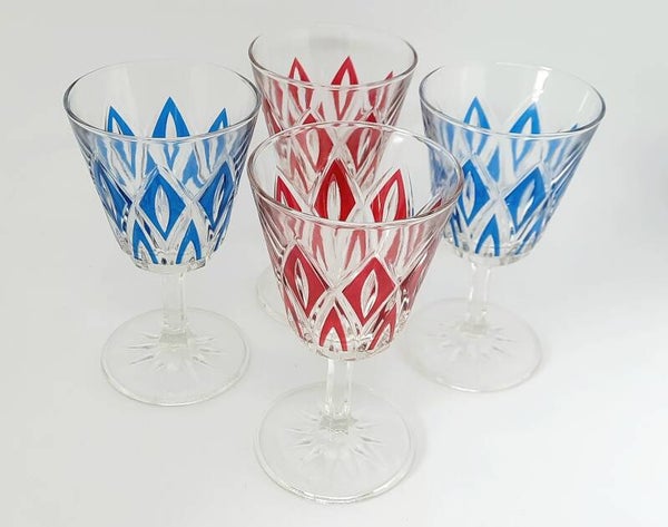 Vier vintage VMC Reims wijnglazen, Harlequin