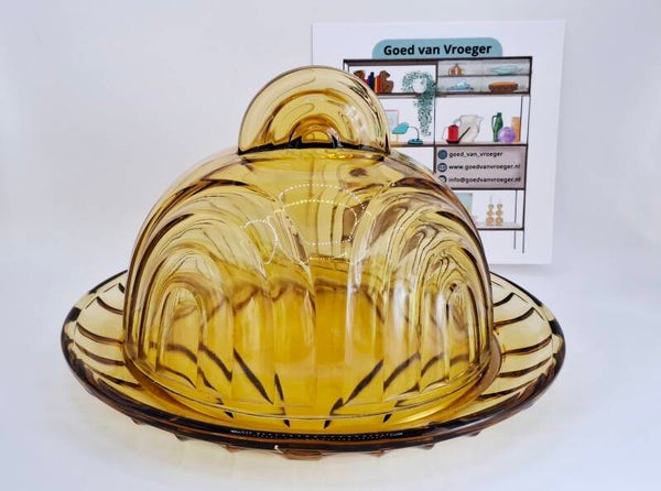 Persglas amberkleurige kaasstolp met schotel