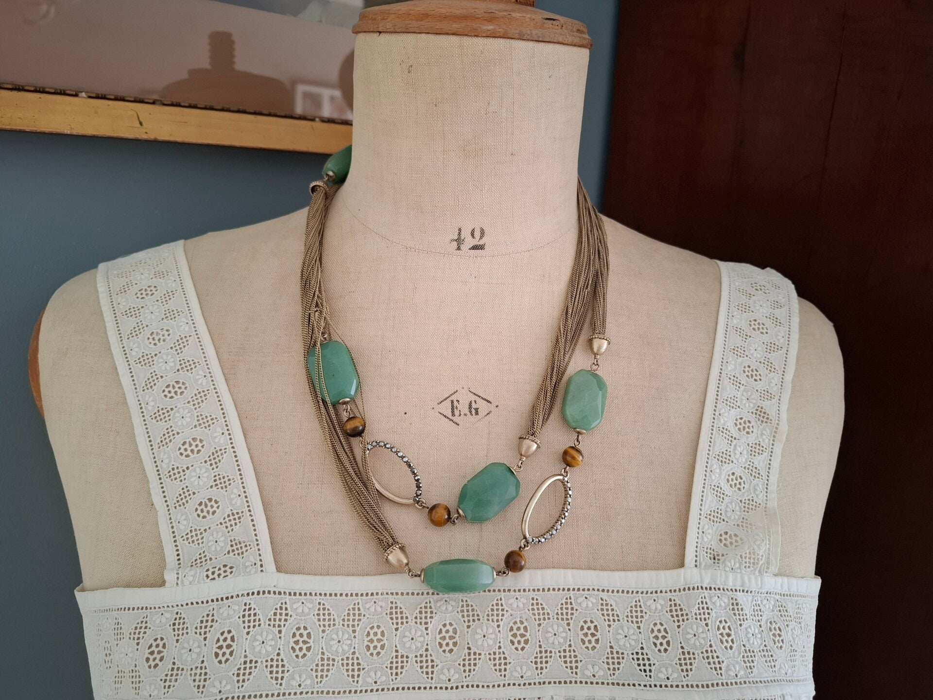 Vintage ketting faux jade, tijgeroog en markasiet