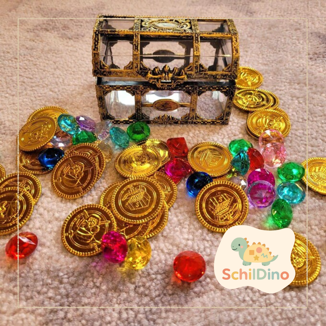 gefüllte Schatzkiste mit Diamanten und Münzen I Zubehör für Stapelsteine I Aktivitätsplatte I Balanciersteine I Feinmotorik I Montessori I zur motorischen Förderung,