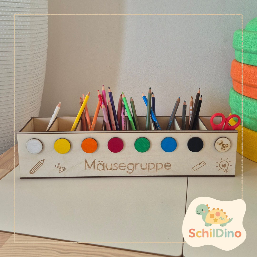 Personalisierte Stifteleiste XXL aus Holz – Montessori Stiftehalter mit Namen & Farben | Schreibtisch Organizer Kinder