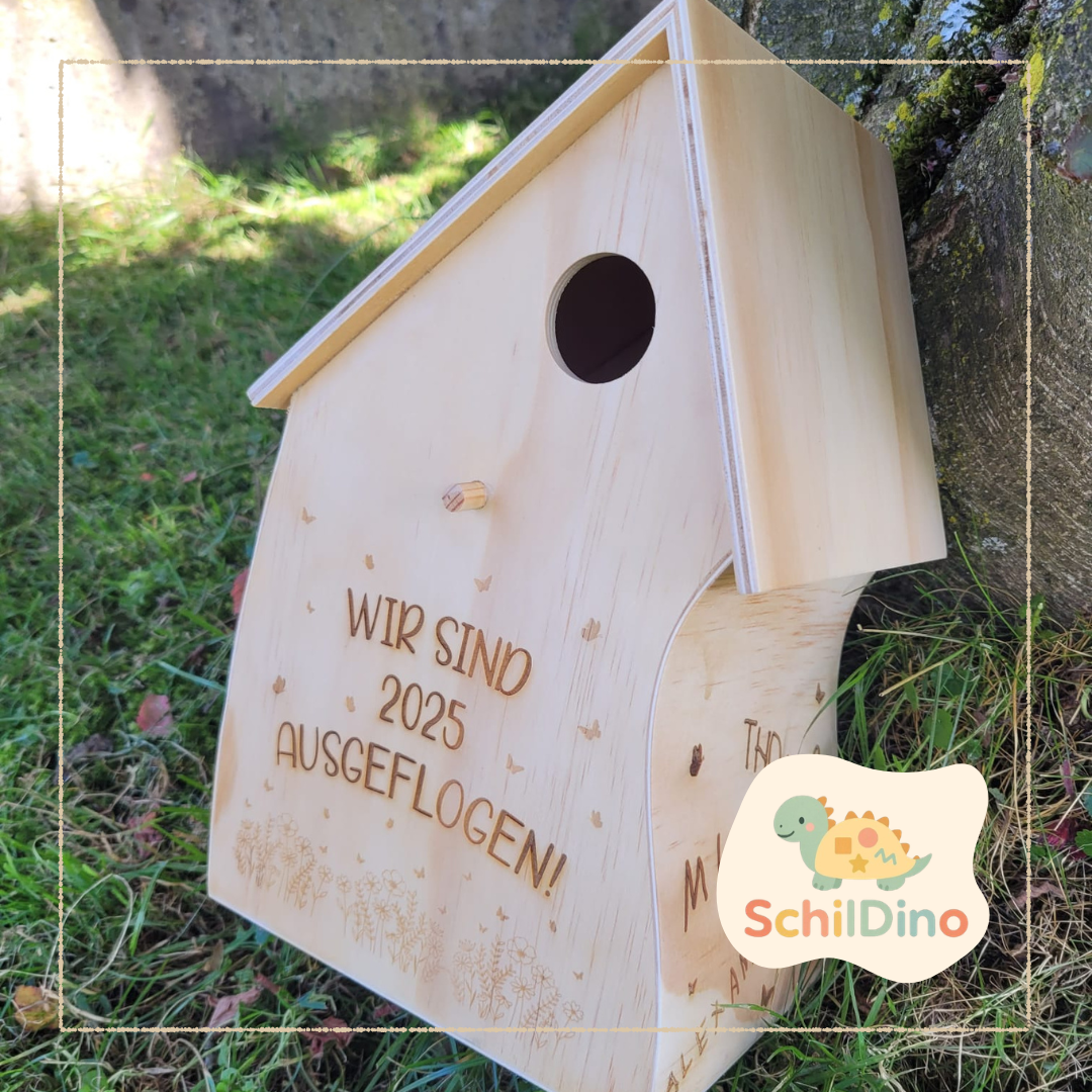 XXL Personalisiertes Vogelhaus „Wir sind ausgeflogen“ – Abschiedsgeschenk Kindergarten, Lehrer & Pädagogen mit Kindernamen