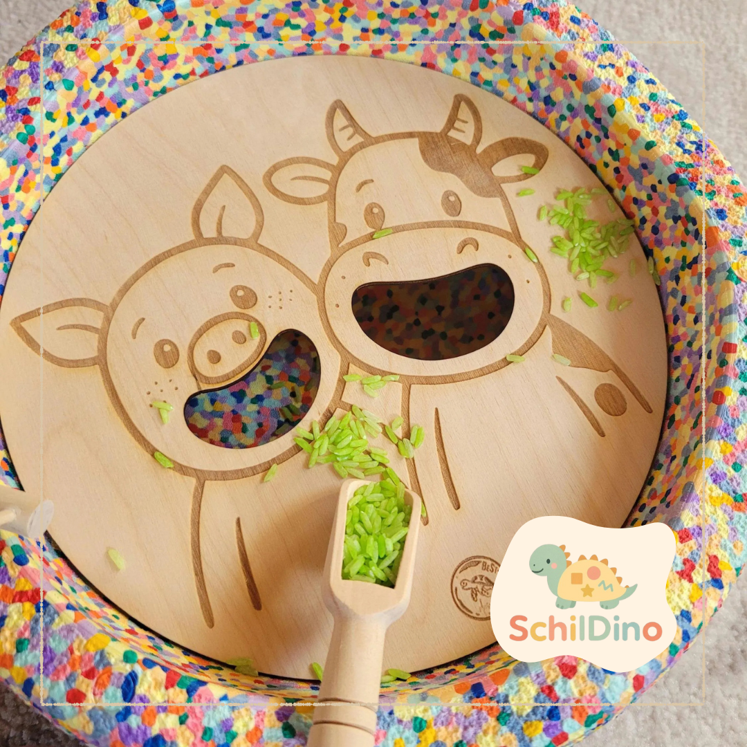 Kuh & Schwein füttern Aktivitätsplatte Stapelstein I Balanciersteine I Feinmotorik I Montessori I Zubehör für Stapelsteine zur motorischen Förderung I