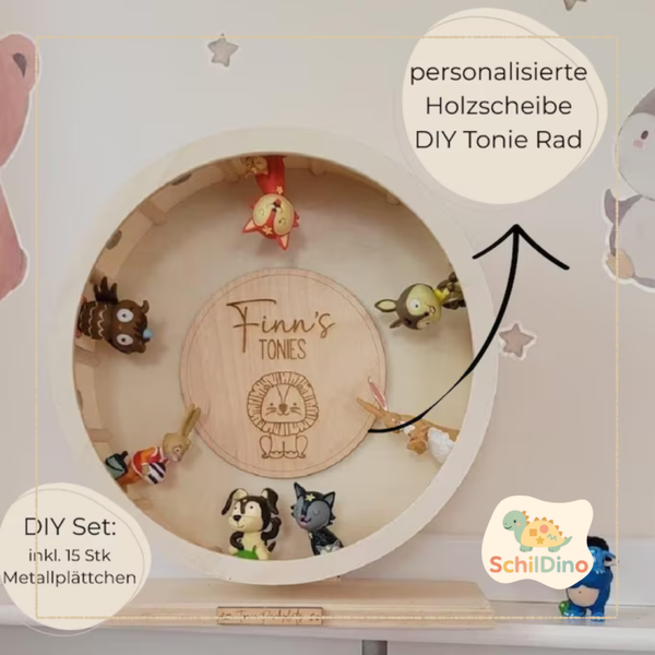personalisierte Holzscheibe + Metall Plättchen DIY für Tonie Rad, Holzschild - drehende Aufbewahrung für Tonie Figuren! Tonie, Kinderzimmer