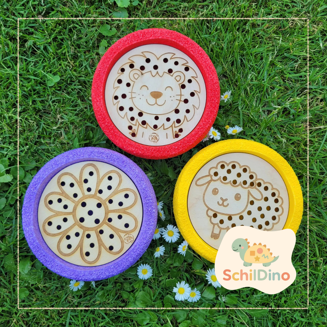 Steckplatten Schaf, Blume, Löwe Aktivitätsplatte MINI Stapelstein I Balanciersteine I Feinmotorik I Montessori I Zubehör für Stapelsteine zur motorischen Förderung