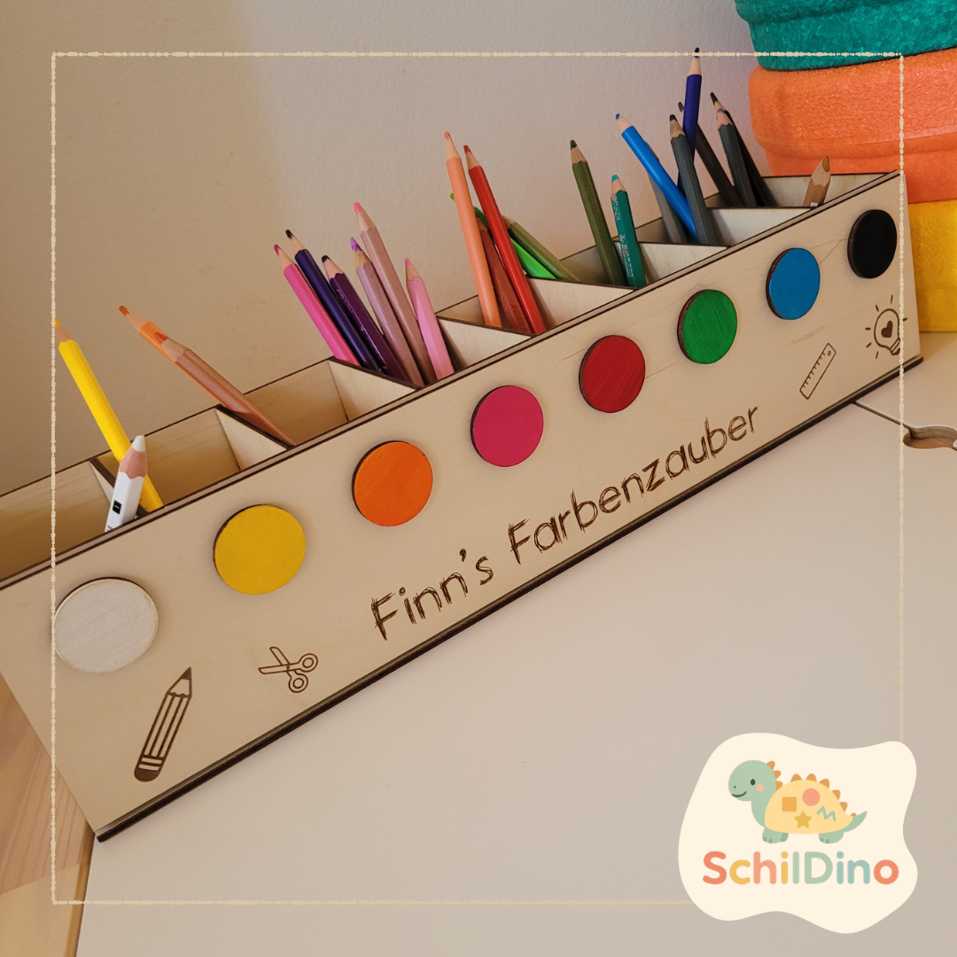 Personalisierte Stifteleiste XXL aus Holz – Montessori Stiftehalter mit Namen & Farben | Schreibtisch Organizer Kinder