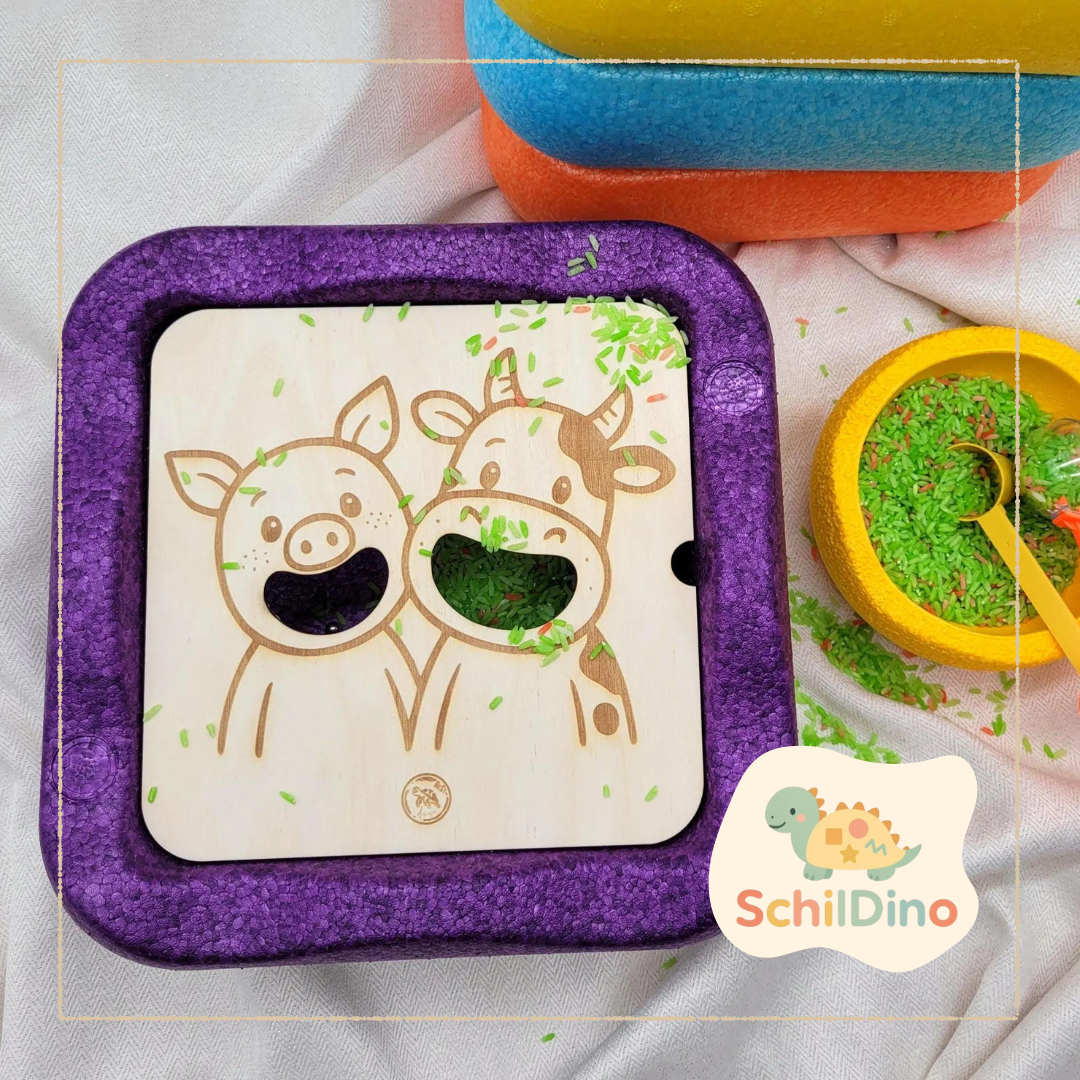 Aktivitätsplatte Kuh & Schaf füttern, eckig, Montessori Sensor Play, günstige Balanciersteine, Stapelstein Alternative, Zubehör