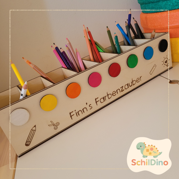 Personalisierte Stifteleiste XXL aus Holz – Montessori Stiftehalter mit Namen & Farben | Schreibtisch Organizer Kinder