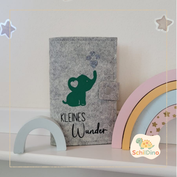 Personalisierte Eltern-Kind-Pass Hülle (Mutter-Kind-Pass) – Elefant "Wunschkind", "Kleines Wunder" oder "Liebe im Bauch"