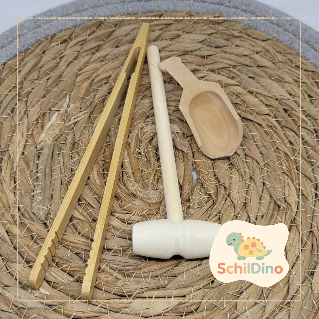 Holz Werkzeug Set I Zubehör für Stapelsteine I Aktivitätsplatte I Balanciersteine I Feinmotorik I Montessori I zur motorischen Förderung,