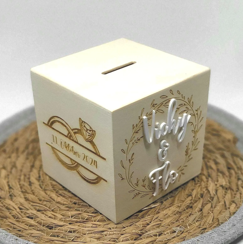 personalisierte Holz Spardose Hochzeit, Namen, Datum, Spruch, mit Gravur auf 3 Seiten, Unikat, Geschenkidee, Geldgeschenk, Hochzeitsgeschenk