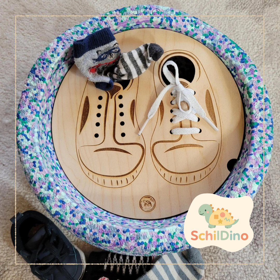 Fädelschuh, Schnürsenkel binden lernen Aktivitätsplatte Stapelstein I Balanciersteine I Feinmotorik I Montessori I Zubehör für Stapelsteine zur motorischen Förderung I