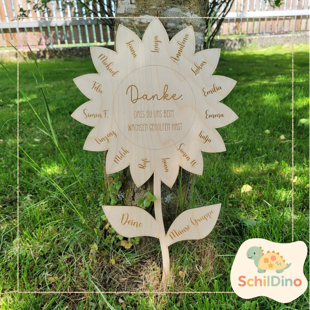 Personalisierte Holzblume zum Schulabschluss  | 40cm 🌸 Geschenk für Erzieher & Lehrer | Namen graviert | Kindergarten Abschied