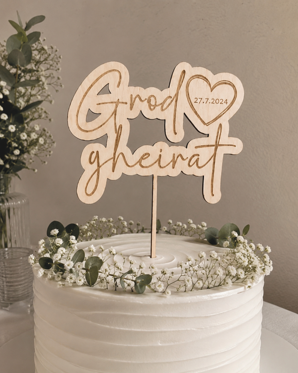 Cake Topper Hochzeit personalisiert aus Holz – „Grod gheirat“ mit Datum | Hochzeitstorte