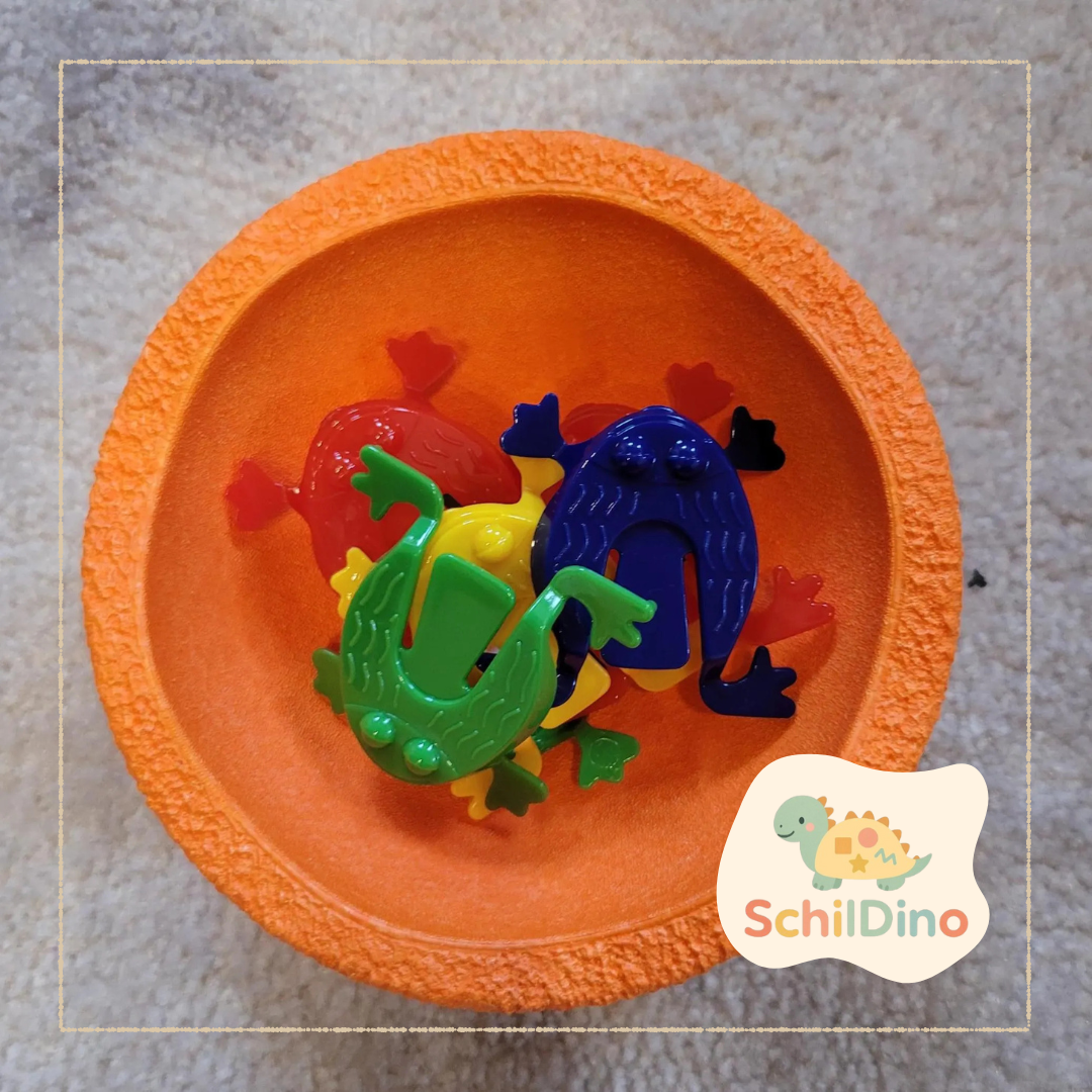 2 bunte Springfrösche I Zubehör für Stapelsteine I Aktivitätsplatte I Balanciersteine I Feinmotorik I Montessori I zur motorischen Förderung,