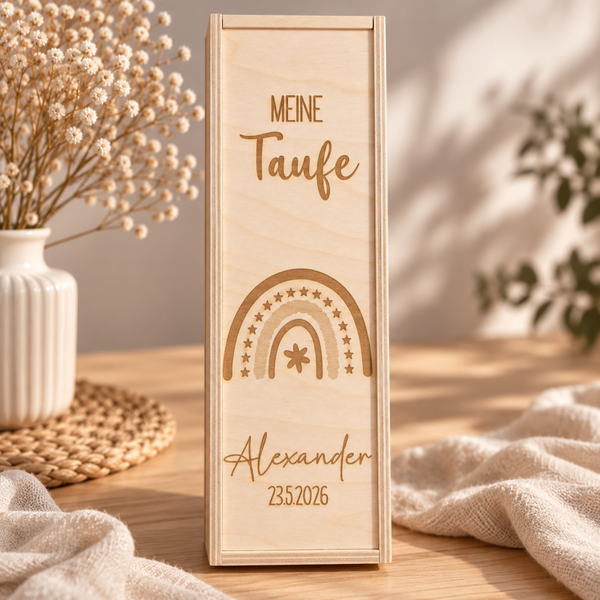 Personalisierte Taufkerzenbox aus Holz Motiv Regenbogen – Aufbewahrungsbox mit Namen & Taufdatum