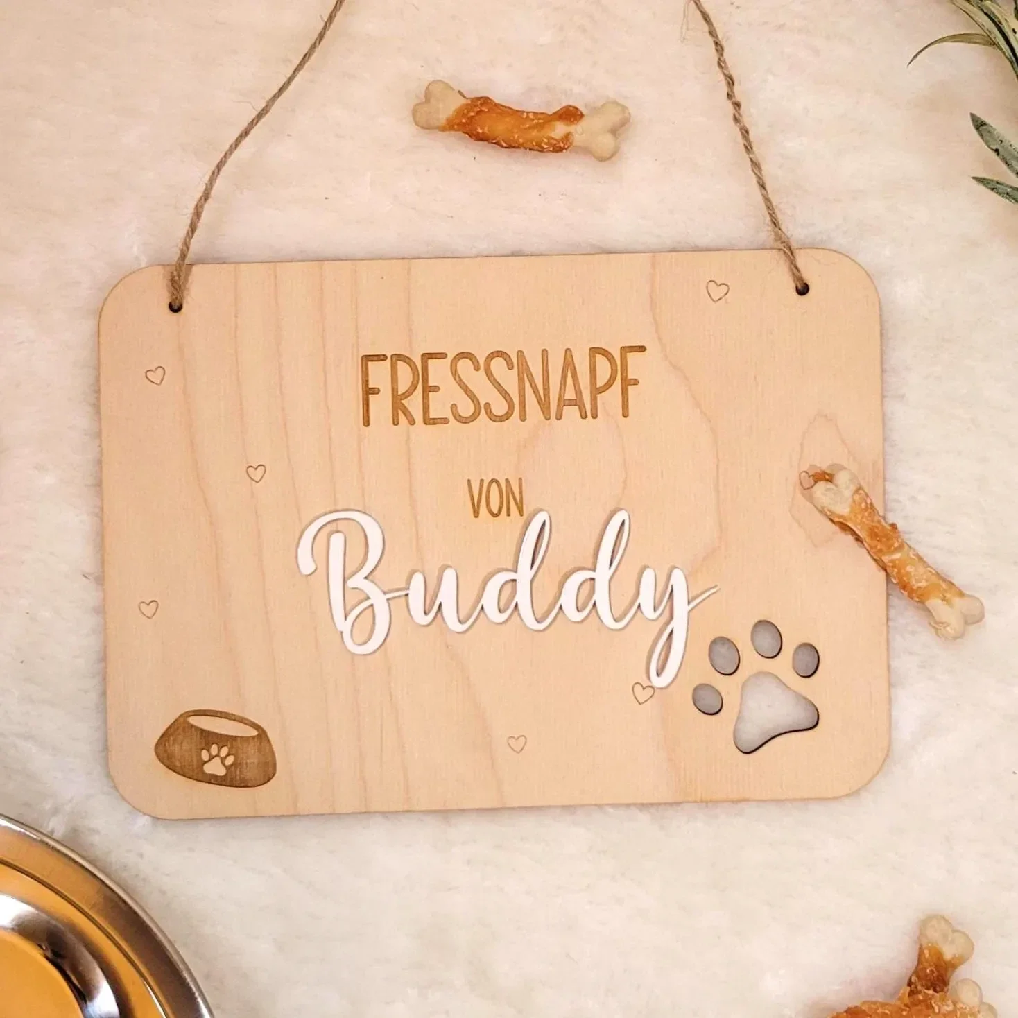Personalisiertes Schild mit Namen - Fressnapf für Hund & Katze, Handgefertigtes Schild Holz, Geschenkidee Tierliebhaber, Weihnachten