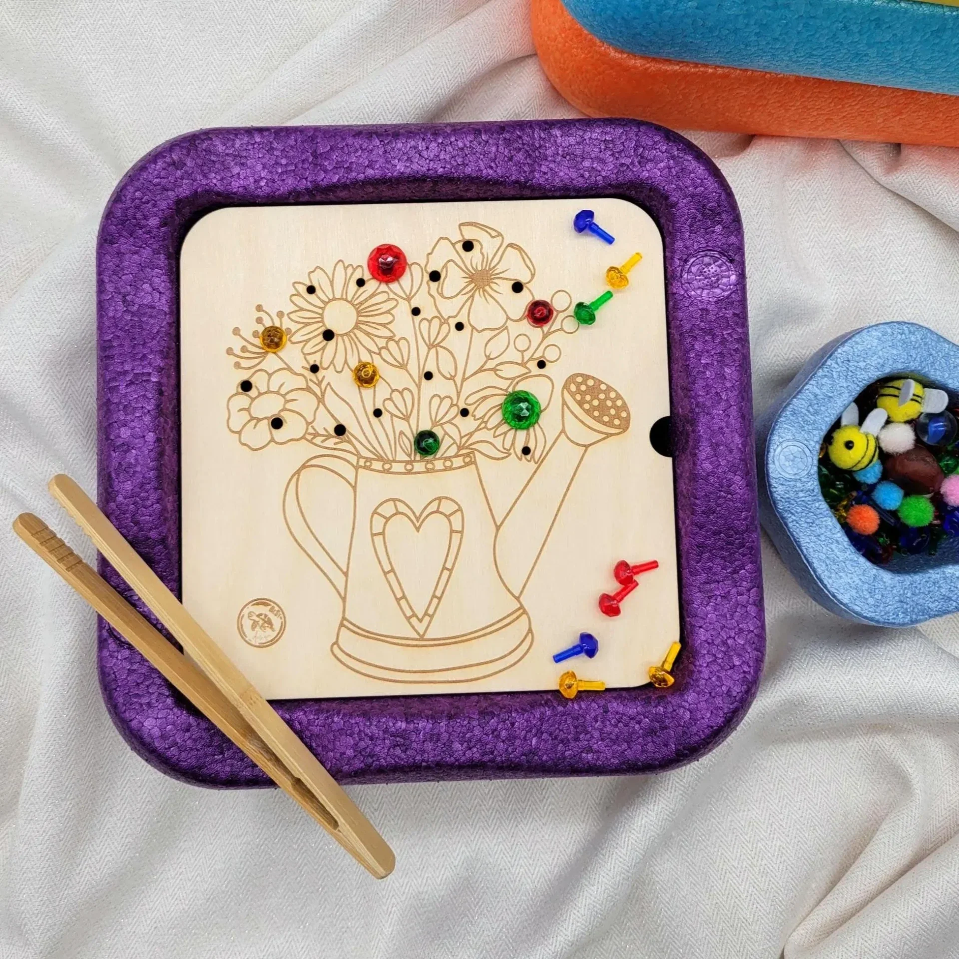 Aktivitätsplatte Blumen eckig, Montessori Sensor Play, kompatibel mit günstigen Balanciersteinen, Stapelstein Alternative, Zubehör
