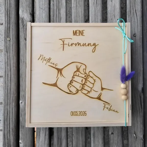 Personalisierte Erinnerungsbox zur Firmung – Holz-Schatzkiste mit Name & Datum – Junge-Motiv  Faust Geschenk zur Erstkommunion, Konfirmation